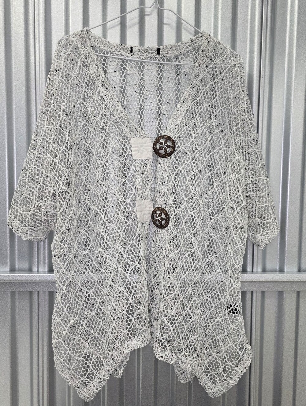 Women's L Bathing Suit Cover Up Net Black White Buttons Oversized Summer Beach